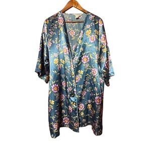 Private Luxuries Women XL Floral Satin Teal Blue Short Sleeve Kimono Robe Resort
